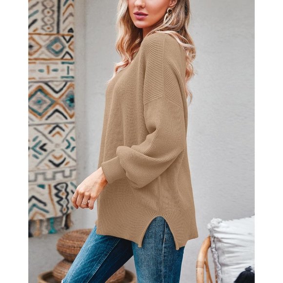 Womens Oversized Fall Slouchy Long Sleeve Ribbed Knit Side Slit Tunic Sweater - Picture 3 of 5